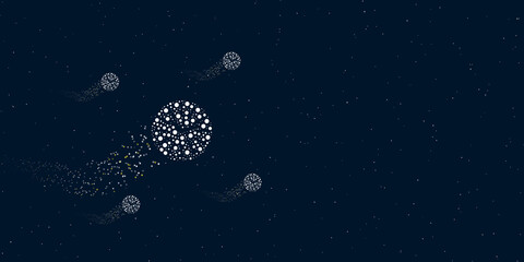 Obraz na płótnie Canvas A clock symbol filled with dots flies through the stars leaving a trail behind. Four small symbols around. Empty space for text on the right. Vector illustration on dark blue background with stars