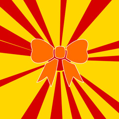 Bow symbol on a background of red flash explosion radial lines. The large orange symbol is located in the center of the sun, symbolizing the sunrise. Vector illustration on yellow background