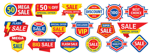Sale tag design badge set. Discount abstract banner collection. Special offer, best choice, VIP exclusive, buy now concept stickers. Clearance graphic messages collection. Vector illustration. - 443470641