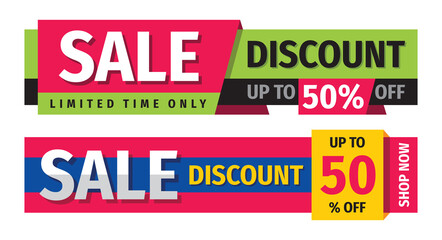 Sale concept horizontal banner design set. Discount up to 50% off. Clearance tag poster. Vector illustration. 