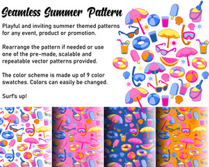 Playful and inviting summer themed patterns
for any event, product or promotion.

Rearrange the pattern if needed or use
one of the pre-made, scalable and 
repeatable vector patterns provided.

The co