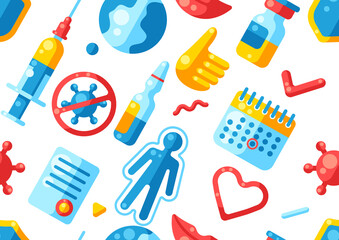 Vaccination seamless pattern with vaccine icons. Immunization items. Health care and protection from virus.