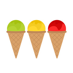 Ice cream cone vector set in flat style. Pistachio, banana, strawberry flavor waffle ice cream 