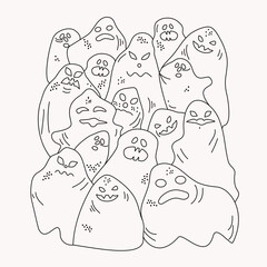 Halloween. Scary cartoon Ghosts and the dead. Monsters in doodle style. Black outline drawings. Design for the holiday. Isolated white background. Vector illustration.