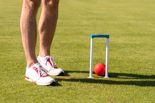A Man Is Playing Croquet On A Lawn