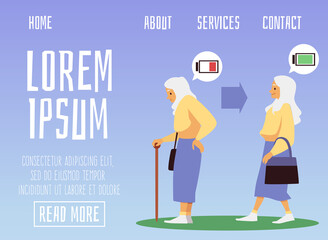 Elderly woman tired and energetic on website interface flat vector illustration.