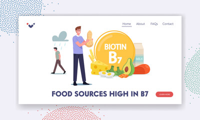 Food Sources of Vitamin B7 Landing Page Template. Male Character Eating Healthy Natural Ingredients, Applying Biotin