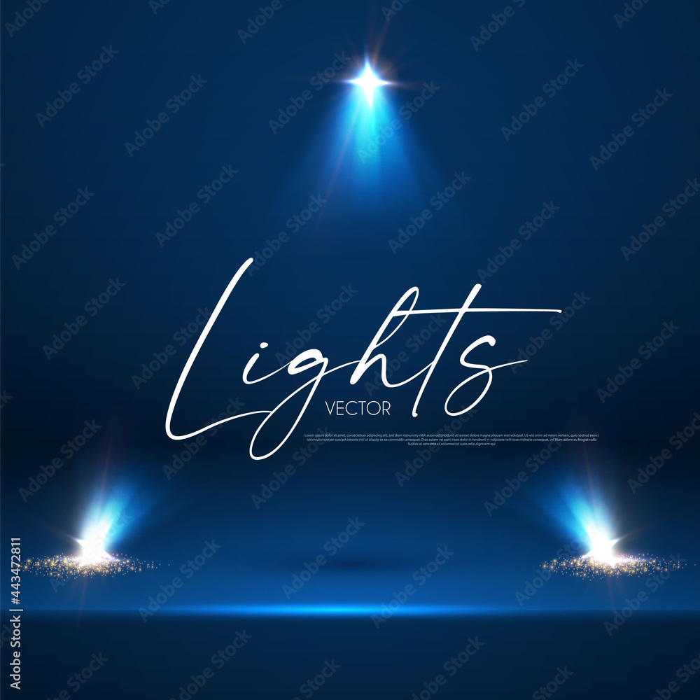 Poster shining spotlights and empty scene. glittering abstract background.