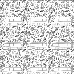 Fototapeta premium Travel and vacation seamless pattern with travel elements. Seamless pattern for design, posters, backgrounds vacation and trip theme. Bus, palm and beach elements in line style.