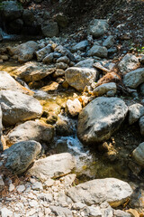 A mountain stream scenery, water flowing over rocks.
