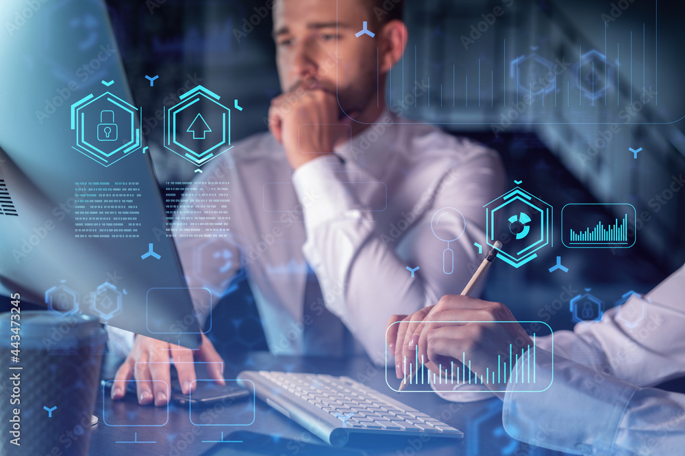 Poster two colleagues in formal wear working together to optimize business process by applying new technolo