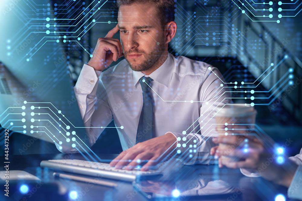 Poster two colleagues in formal wear working together to optimize business process by applying new technolo