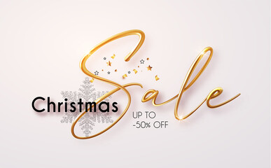 Christmas sale banner with 3D realistic gold metal text.