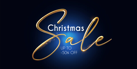 Christmas sale banner with 3D realistic gold metal text.