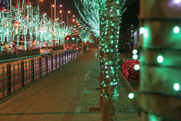 decorated street and trees with colorful lights in China for Chinese New Year