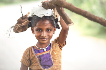 Indian little girl carrying firewood on road	
