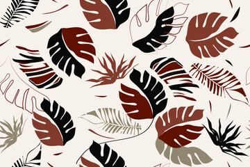Fototapeta na wymiar Leaves.Exotic jungle plants illustration pattern. Contemporary floral seamless pattern. Fashionable template for design. vector texture suitable for textiles, covers, wallpaper, fabric