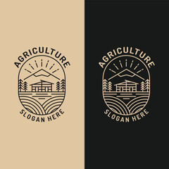 Farm Field with Cottage House and Mountain in Line Style Logo Design Template. Suitable for Agriculture Farming Business Brand Company Corporate Town Rural Badge Emblem Stamp Logo Design