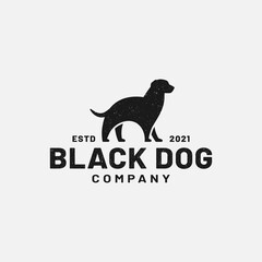 Black Dog Silhouette for Pet Shop Clinic Spa Grooming Zoo Security Company Corporate Community Business Brand in Vintage Retro Hipster Grunge Old Style Logo Design Template.