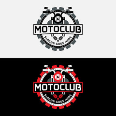 Fototapeta premium Motorcycle Chopper with Gear Logo Design Template. Suitable for Motorcycle Biker Shop Workshop Club Organization Business Brand Company in Retro Hipster Vintage Style Logo Design.