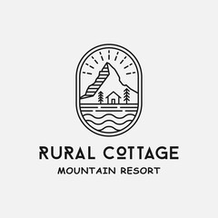 Cottage House and Mountain in Line Style Logo Design Template. Suitable for Agriculture Farming Town Rural Business Brand Company Corporate  Badge Emblem Stamp Logo Design