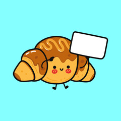 Cute funny croissant with poster. Vector hand drawn cartoon kawaii character illustration icon. Isolated on blue background. Сroissant think concept