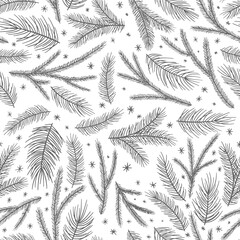 Christmas seamless pattern, white background. Pine twigs, red berries, snowflakes. Season greeting digital paper. Winter Xmas holidays
