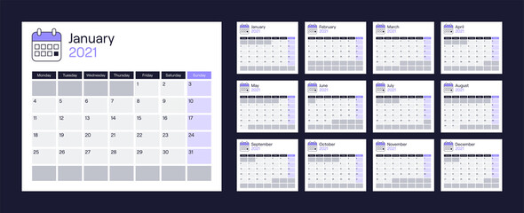 Calendar 2021, diary, planner template set. Isolated calendars, week start Monday. Agenda with days, weeks, months. Modern design with colors, vector illustration.