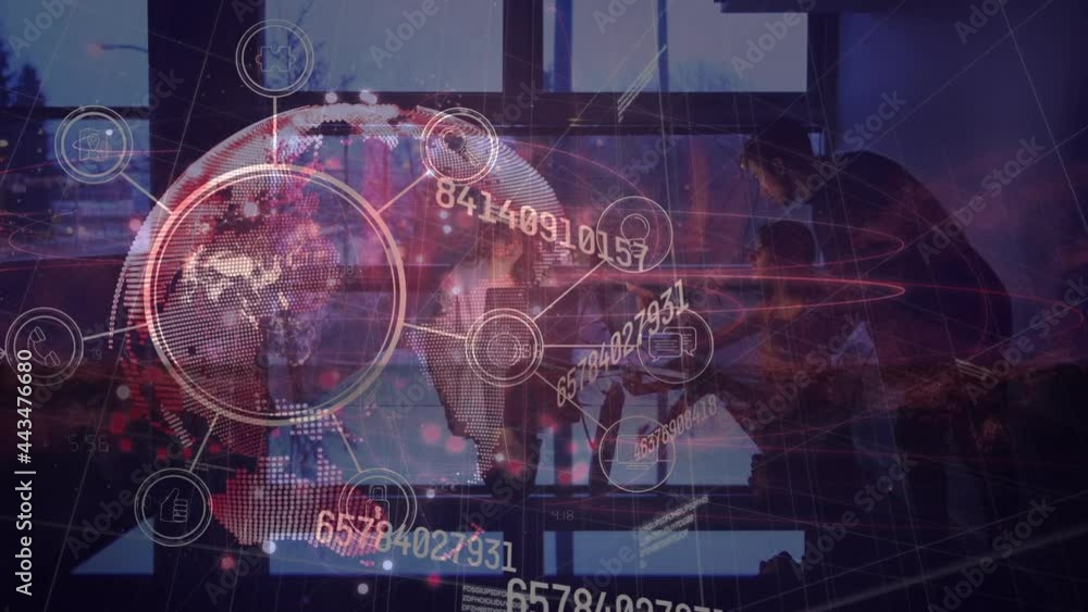 Poster animation of globe and networks of connections with numbers over business meeting