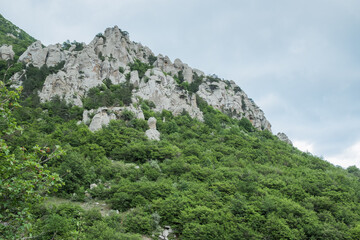 Rocks on the Mount Ai-Petri over the seaside town in Crimea.Beauty of nature. Pure ecology. Crimea mountains.