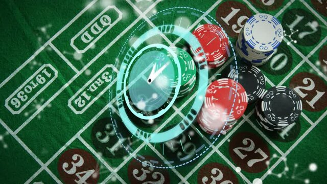 Animation of clock with turning hands, over white networks and poker chips stacked on gambling table
