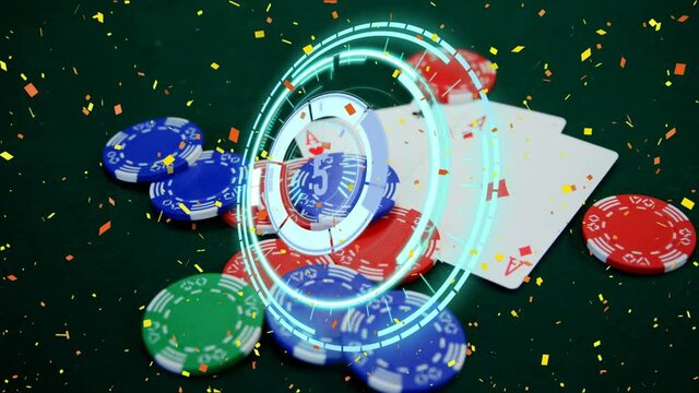 Animation of scope scanning and confetti over playing cards and casino gambling chips - Powered by Adobe