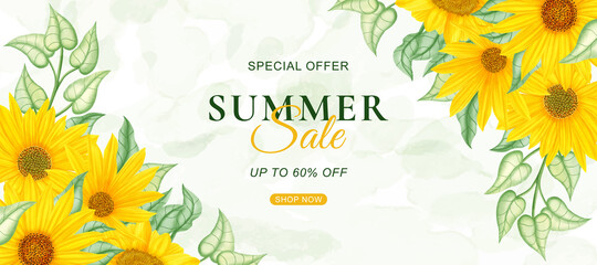 Summer sale banner template with watercolor sunflower background