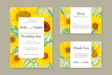 Summer wedding invitation card set with watercolor sunflower theme