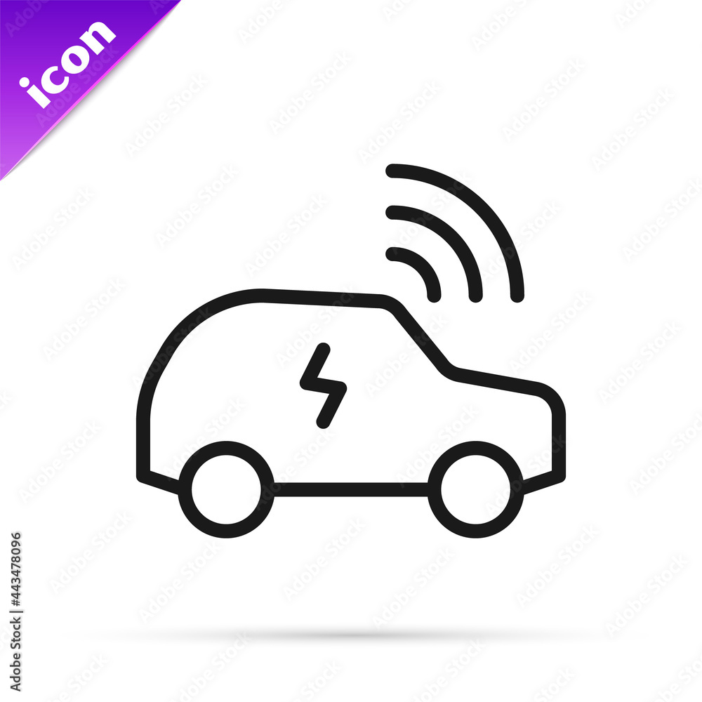Poster black line smart car system with wireless connection icon isolated on white background. remote car c