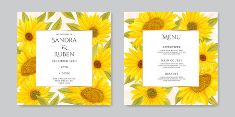 Summer sunflower wedding invitation and menu card template