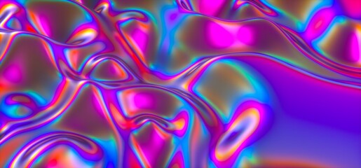 3D illustration of holographic surface made of polished chrome metal. Iridescent abstract background.