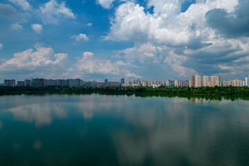 Aerial view of the lake near the metropolis