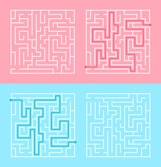 Labyrinth game. Vector illustration of isolated square maze game, rebus with entry and exit. Find right way. Education logic game with solution for kids, web, books, magazines. Children puzzle game