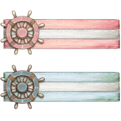 Watercolor nautical wooden banner with sailing knot with helm boy and girl