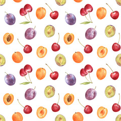 Summer fruits and berries - cherries, plums, peaches and apricots, seamless pattern. Elements are hand painted in watercolor, on white isolated background. For kitchen decor and harvest festival!