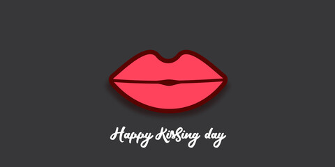Happy kissing day horizontal banner with cartoon glossy red lips isolated on grey background. Kiss day vector concept illustration with sexy smiling woman mouth icon