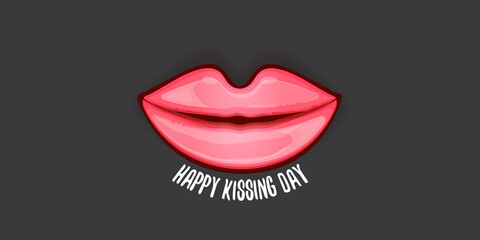 Happy kissing day horizontal banner with cartoon glossy red lips isolated on grey background. Kiss day vector concept illustration with sexy smiling woman mouth icon