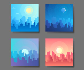 Morning, day and night time city skyline landscape, town buildings in different time and urban cityscape town sky. Daytime cityscape. Architecture silhouette background collage set. Flat design