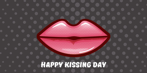 Happy kissing day horizontal banner with cartoon glossy red lips isolated on grey background. Kiss day vector concept illustration with sexy smiling woman mouth icon