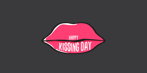 Happy kissing day horizontal banner with cartoon glossy red lips isolated on grey background. Kiss day vector concept illustration with sexy smiling woman mouth icon
