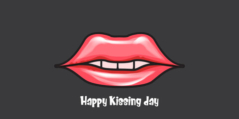 Happy kissing day horizontal banner with cartoon glossy red lips isolated on grey background. Kiss day vector concept illustration with sexy smiling woman mouth icon