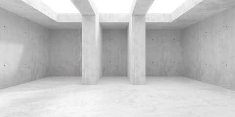 Abstract empty, modern concrete room with open ceiling, pillars and rough floor - industrial interior background template