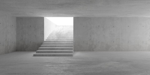 Abstract empty, modern concrete room with indirect lighting from top of staircase in the back - industrial interior background template - obrazy, fototapety, plakaty
