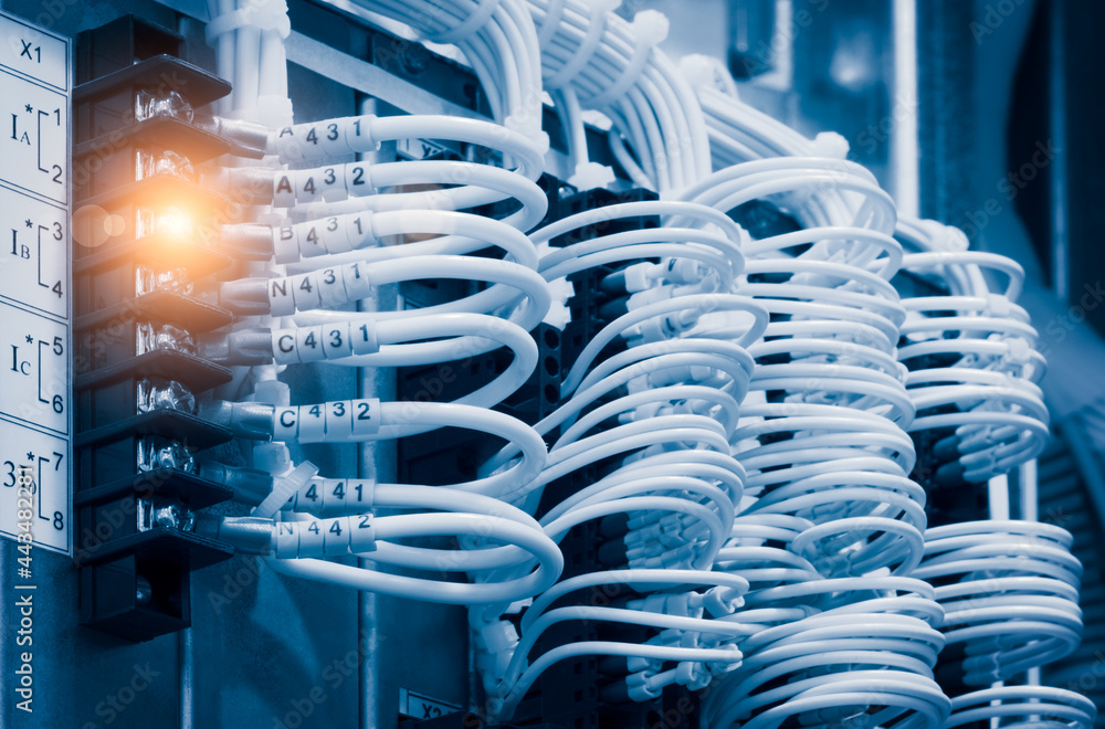 Poster wires in a box of distribution of an electricity, plc control panel with wiring, lectric control pan
